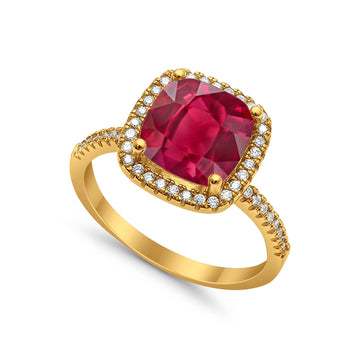 Halo Cushion Engagement Ring Yellow Tone, Simulated Ruby CZ 925 Sterling Silver